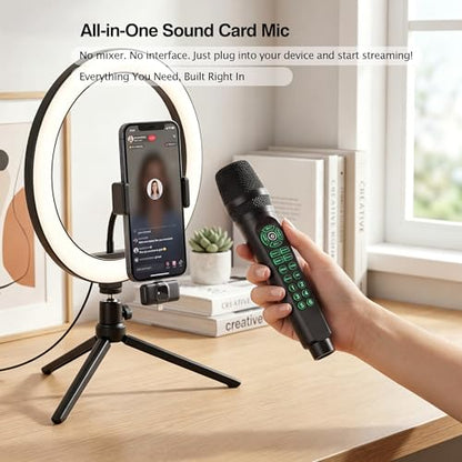 MC9 Online Karaoke Microphone for Phone/PC, Live Streaming Microphone Set | Easy Podcast Kit w/Built-in Sound Card, Voice Changer, Real-Time Monitoring for TikTok YouTube Live Recording Beginners
