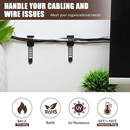 100Pcs Adhesive Cable Management Clips with 50Pcs Zip Ties, Adjustable Nylon Cable Strap Ties Wire Clips Clamps Organizer with Strong Adhesive Tape, Extra Screw & Hole - 3.55 Inch Black - color: Black, size: L-100pcs