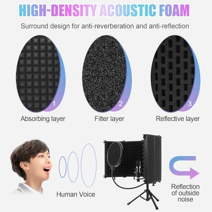 Microphone Isolation Shield, 5-Fold Adjustable Portable Reflection Filter with Tripod Stand & Pop Filter for Home Studio, Podcasting, Streaming, Fits Most Condenser Microphones