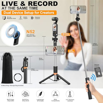 Magnetic Selfie Stick Tripod with 1/4" Camera Mount, Dual Device Phone & Camera Setup, Portable Content Creator Stand with Remote Control Phone Tripod for TikTok Live Streaming Travel Video Recording