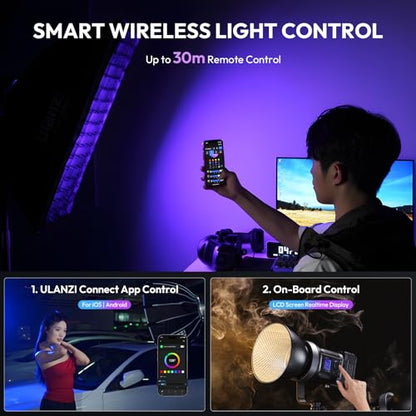 ULANZI RGB Video Light - 120W COB LED Video Light Photography Continuous Output Lighting with Adapter and APP Control, 2700K-6500K 27000lux/m 20 Scenes Bowens Mount for Studio Video Recording, Filming