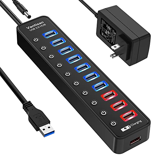 vantisan Powered USB 3.0 hub, 11-Port USB Hub Splitter Extension 7 USB 3.0 Data Ports + 4 Smart Charging Ports with Individual LED On/Off Switches and 12V/3A Power Adapter for USB Devices. - color: Red
