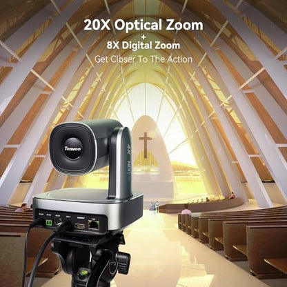 Tenveo 4K NDI 6 & NDI HX3 PTZ Camera, AI Humanoid & Face Auto-Tracking, 20X Optical + 8X Digital Zoom, USB3.0/HDMI/LAN PoE IP Live Streaming for Church Worship Broadcast Events Video Conference OBS - color: Silver Grey