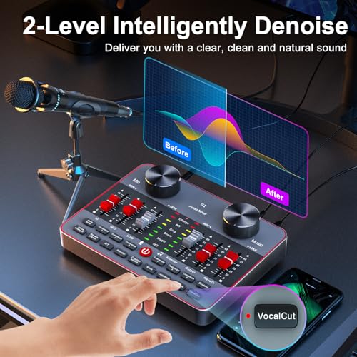 G1 Audio Mixer Kit for Live Streaming，Live Sound Card for Streaming，Audio Interface DJ Mixer Sound Card/Board Condenser Microphone for Tiktok Gaming Video Content Creator Kit.