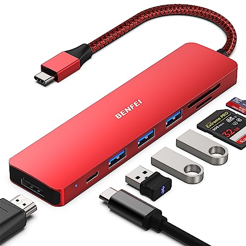 BENFEI USB C HUB 7-in-1, USB-C HUB Multiport Adapter with HDMI (4K @ 60Hz Certified)/100W Power Delivery/3*USB 3.0 5Gbps/SD/TF Card Reader (160MB/s) for iPhone 15 Pro/Max MacBook iPad Pro iMac S23 - color: Red, size: 7-in-1