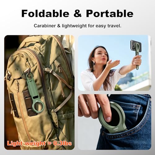 COMAN DP58 Magnetic Phone Tripod, Aluminum MagSafe Tripod Stand with Carabiner, Mini Portable Travel Pocket Stand for iPhone & Non-Magnetic Phones with Included Ring - color: Green