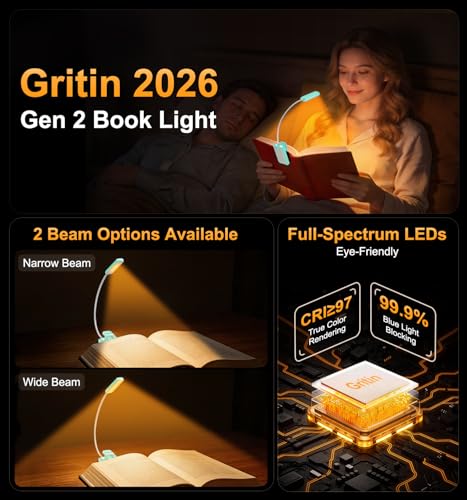 Gritin 2026 Gen 2 Book Light for Reading- 30 Eye Caring Full Spectrum LED | 5 Colors & 5 Brightness, Adjustable Wide/Narrow Beam, Upgrade 1500mAh Long-Lasting Rechargeable Clip on Light-Blue - color: Blue