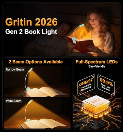 Gritin 2026 Gen 2 Book Light for Reading- 30 Eye Caring Full Spectrum LED | 5 Colors & 5 Brightness, Adjustable Wide/Narrow Beam, Upgrade 1500mAh Long-Lasting Rechargeable Clip on Light-Blue - color: Blue