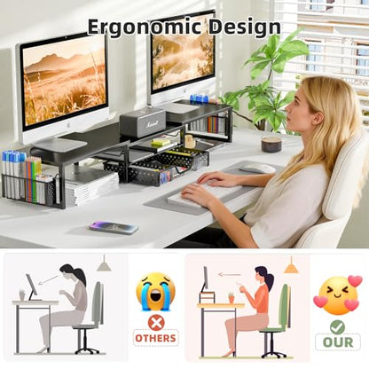 Simple Trending Dual Monitor Stand Riser with Drawer and 2 Pen Holders, Desk Organizer with Storage, Black