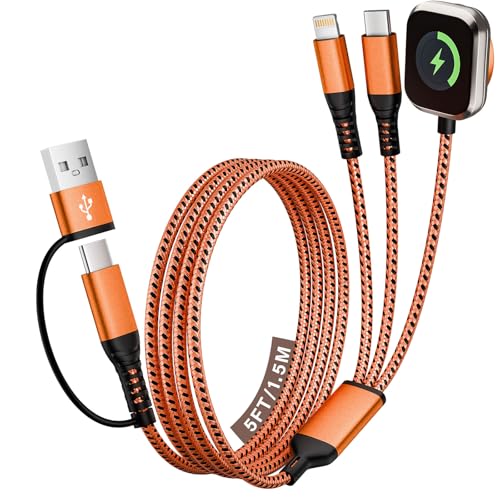 Travel Charger for iWatch, 3 in 2 Multi Charging Cable/Cord with IP/USB C/iWatch Charger, Travel Chargers for Multiple Devices, Compatible with iWatch Series/iPhone 17-8/iPad/AirPods 5FT - color: Orange, size: 1Pack5FT