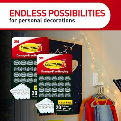 Command Outdoor Light Clips, 40 Clear and 48 Strips, Damage Free Hanging with Weather Resistant Strips, Wall Clips for Hanging Outdoor Lights and Cable Management - size: 2 Pack