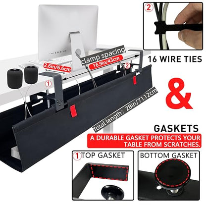 Under Desk Cable Management Tray – No Drill, 28" L x 6" W, Non-Scratch Silicone Clamps, 16 Cable Slots, Washable Honeycomb Base,Black - color: Black, size: Upgraded with Enhanced Features-28"L x 6.0"W