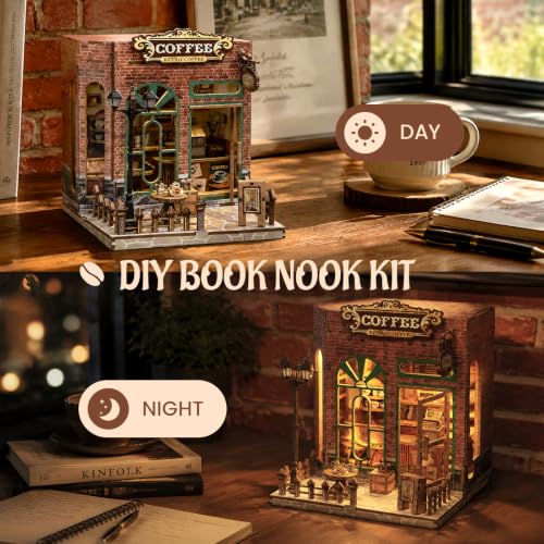 Book Nook Kit DIY Miniature House with LED Lights, 3D Wooden Puzzle Coffee Shop Bookshelf Insert for Adults, Double Door Mini Dollhouse Building Kit, Creative Home Decor Gift for Women & Men - style: Coffee Shop