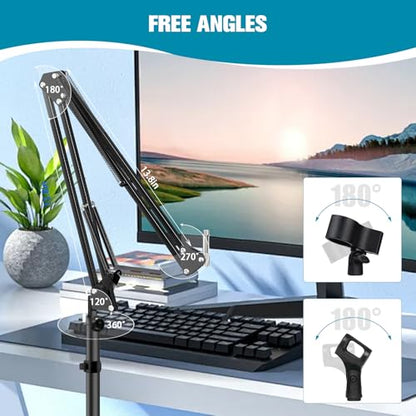 BILIONE Microphone Stand with Weighted Base, Mic Floor Stand Boom Arm with Mic Accessory Tray, Microphone Clip Holder, 3/8" to 5/8" Screw Adapter, Cable Ties