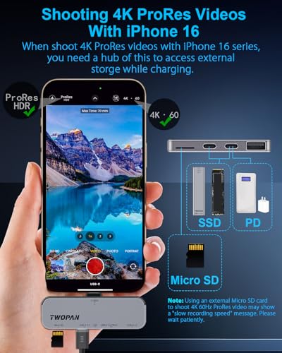 TWOPAN USB C iPhone Hub for ProRes Video Recording - Ultra-Slim Aluminum USB 3.2, Dual USB-C, Micro SD, and Charging Port Hub for iPhone 17/16/15 Pro/Pro Max