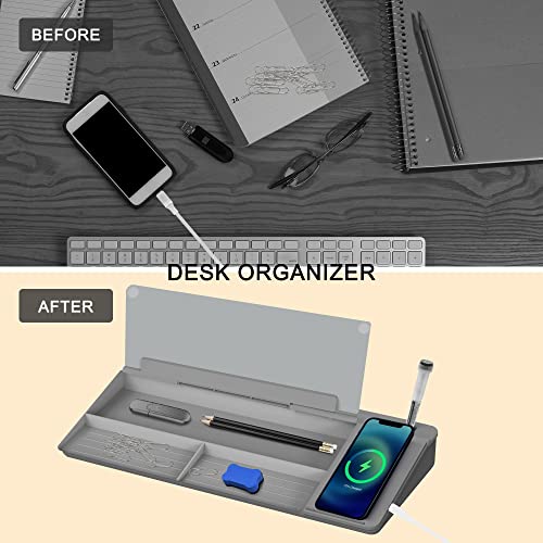 SELEAD Desktop Glass Whiteboard with Wireless Charger Station, Dry Erase White Board Computer Pad Keyboard Stand with Organizer for Home, School, Office Desk Accessories, Gray - color: Grey-wireless Charger