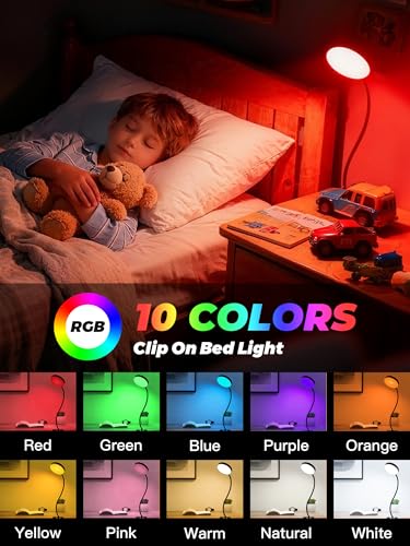 Clip on Light,10 RGB Colors+10 Brightness Clip on Desk Lamp with Clamp, 500 Lumen Bright 72 LED Desk Light, USB Adapter Reading Lights for Books in Bed/Headboard/Bedside Table/Bedroom/Dorm/Home Office - color: Black