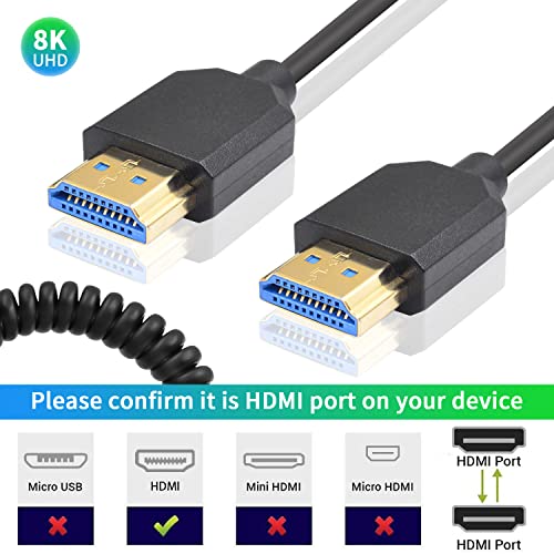 Duttek 8K HDMI Coiled Cable 1 FT-4 FT, 48Gbps Ultra Thin Short HDMI Cable Male to Male Support 8K@60Hz 4K@240Hz HDR eARC VRR, Compatible with Camera, ATOMOS Ninja V, PS5, Xbox, Gimbal Stabilizer - style: 8K Coiled HDMI Cable