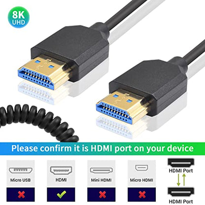Duttek 8K HDMI Coiled Cable 1 FT-4 FT, 48Gbps Ultra Thin Short HDMI Cable Male to Male Support 8K@60Hz 4K@240Hz HDR eARC VRR, Compatible with Camera, ATOMOS Ninja V, PS5, Xbox, Gimbal Stabilizer - style: 8K Coiled HDMI Cable