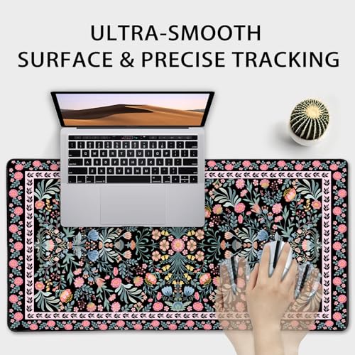 Black Floral Desk Mat, 31.5"x15.7" Large Mouse Pad, Anti-Slip Rubber Base Mousepad, Keyboard Pad with Stitched Edges, Water-Resistant Smooth Desk Blotter, Computer Mat for Home Office Desk - color: Black Floral
