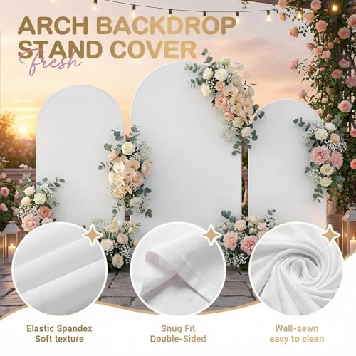Toolterritary Set of 3 Metal Arch Backdrop Stand with Cover Set, (8FT, 7.2FT, 6.6FT Wedding Arch and Cover Set), Backdrop Arch for Party, Baby Shower, Birthday, and Graduation Ceremony - color: White, size: 8ft+7.2ft+6.6ft