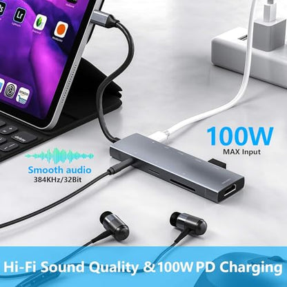 USB C HUB for iPad Pro 9-in-1 Adapter iPad Pro M4 M2 M1 13 12.9 11 inch iPad Air 5 4 Docking Station with 4K HDMI, USB-C PD, SD/TF Card Reader, USB 3.0, 3.5mm Headphone Jack, Type C Data, iPad mini 6
