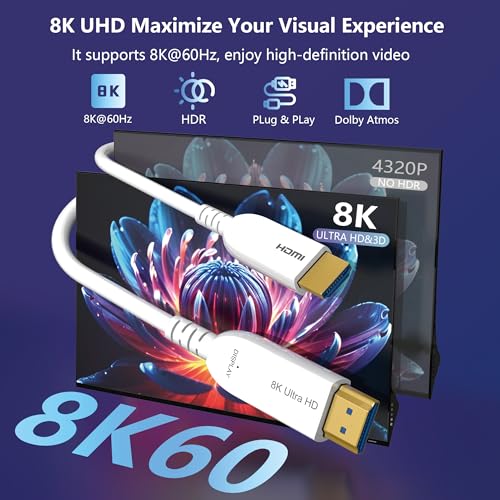 8K Fiber Optic HDMI Cable 85FT, 48Gbps Ultra High Speed Long HDMI 2.1 Cord Braided 8K@60Hz 4K@120Hz HDR10/HDCP2.2&2.3/eARC/3D Compatible for PS5, Xbox, HDTV, Laptop, Monitor - size: 85FT