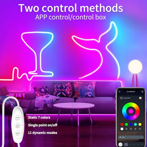 LED Neon Lights，6.6ft USB Powered LED Strip Lights，5V Music Sync Color Changing Rope Light with APP Control，IP65 Waterproof RGB Rope Lights for Bedroom，Cabinet,Kitchen, DIY Lighting - size: 6.6FT