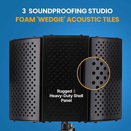 Pyle Compact Microphone Isolation Shield – Portable Studio Mic Sound Dampening Foam Reflector with Adjustable Panels, Acoustic Foam, Tabletop Tripod Stand for Recording & Podcasts