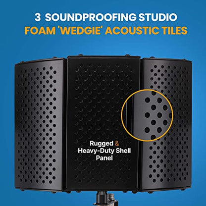 Pyle Compact Microphone Isolation Shield – Portable Studio Mic Sound Dampening Foam Reflector with Adjustable Panels, Acoustic Foam, Tabletop Tripod Stand for Recording & Podcasts