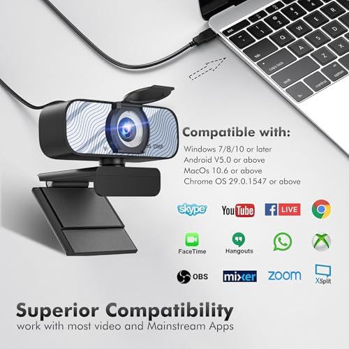 Gozvrpus USB HD Webcam with Built-in Microphone and Rotatable Tripod, 1080P Video, Wide Angle Camera, Privacy Cover, for Desktop PC or Laptop Computer（White） - color: white
