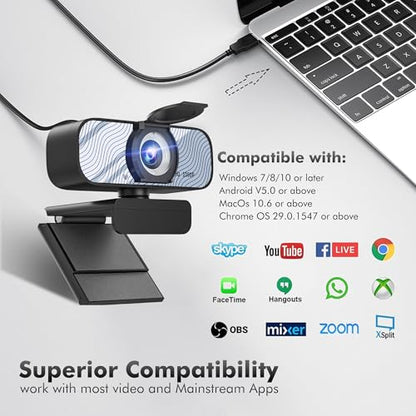 Gozvrpus USB HD Webcam with Built-in Microphone and Rotatable Tripod, 1080P Video, Wide Angle Camera, Privacy Cover, for Desktop PC or Laptop Computer（White） - color: white