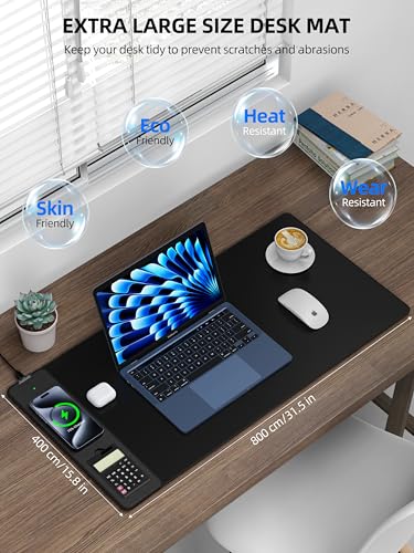 TopMade Mouse Pad with 15W Wireless Charging, Removable 8-Digit Solar Calculator, 31.5" x 15.75" XXL Large Desk Pad, Gaming Computer Keyboard Pad, Waterproof Mousepad Home Office Desk Mat, Black - color: Black-Calculator-31.5"x15.8"
