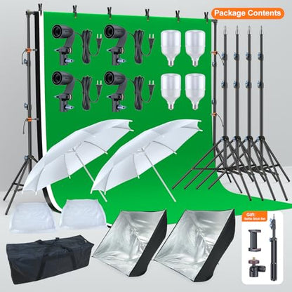LINCO Lincostore Photo Video Studio Light Kit AM169 PRO - Including 3 Color Backdrops (Black/White/Green) Background Screen (8.5x10ft Background Frame with 10x12ft Backdrop)