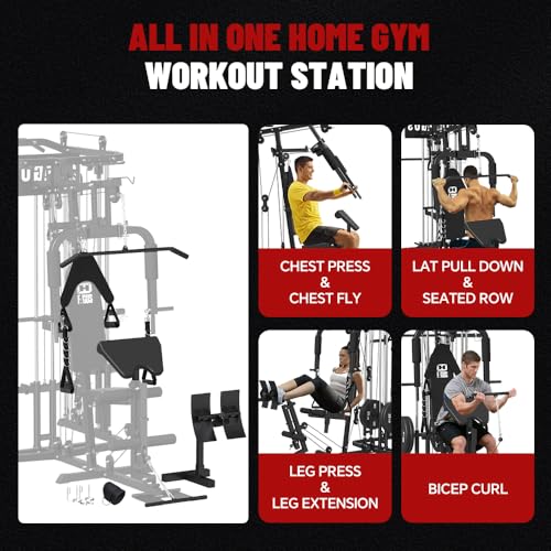 All in One Home Gym System Workout Station, Multi-Function Smithe Machine Power Cage with Cable Crossover System, Tripe-Sided Independent Load Posts, Functional Trainer for Full Body Training - color: Black, style: Home Gym Station with Weight Bench (9001