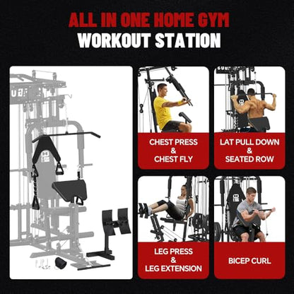 All in One Home Gym System Workout Station, Multi-Function Smithe Machine Power Cage with Cable Crossover System, Tripe-Sided Independent Load Posts, Functional Trainer for Full Body Training - color: Black, style: Home Gym Station with Weight Bench (9001