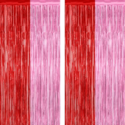 ZATAYE 2 Pack Red Pink Valentines Foil Curtain Streamer Decorations | Red Pink, Metallic Foil, 3.28 x 7.05 FT, Tinsel Backdrop, Foil Curtain Streamer, Valentines Party Decorations - color: Red Pink, size: 2 PCS