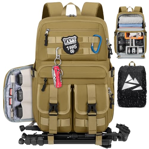 RAINSMORE Camera Bag Backpack for DSLR/SLR/Mirrorless Camera Bags for Photographers 15.6 Inch Waterproof Tactical Photography Backpack Case with Rain Cover & Tripod Holder, Khaki - color: Khaki