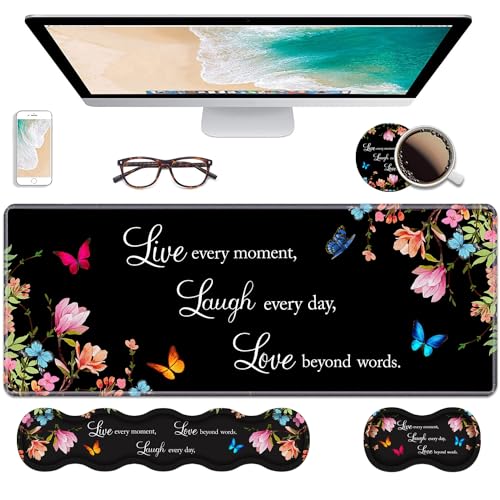 Ergonomic Keyboard Wrist Rest & Mouse Pad Wrist Rest Set,Large XXL Gaming Desk Mat 31.5"x 11.8" with Non-Slip Base, Memory Foam,Easy Typing Pain Relief for Home & Office,Floral Quote Live Laugh Love - color: Floral Quote Live Laugh Love