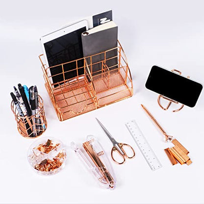 KAAKOW Rose Gold Desk Organizers and Accessories Office Supplies Set Stapler, Pen Holder, Phone Holder, Scissors, Pen, Ruler, 30 Paper Clips, 22 Binder Clip, 20 Tacks and 1000pcs Staples - color: Rose Gold