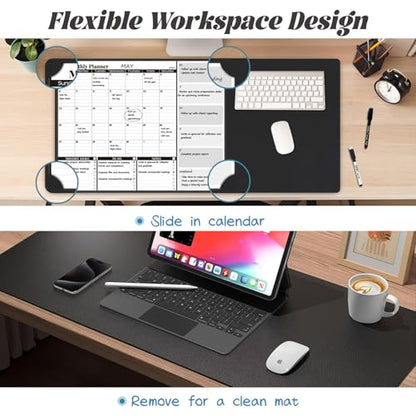 JJPRO Dual-Layer Black Dry Erase Desk Mat,Large Multi-Use Dry Erase Desk Calendar,Dry Erase Desk Pad,Double-Sided Faux Leather Desk Pad,Reusable Large Mouse Pad for Office, Home-16"x34" - color: Black