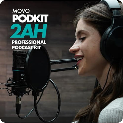 Movo PodKit2AH Podcast Equipment Bundle for 2 Condenser Microphone Kit with MDX-1 2x2 USB-C Audio Interface and Articulating Scissor Arm Mic Stand (with Headphones) - style: With Boom Arms