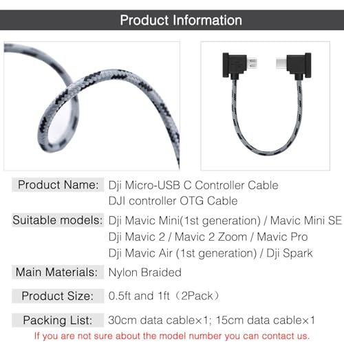 1FT+0.5FT(2 pack) Micro to USB C Remote Controller Cable for IPhone 17/16/16e/15 Pro Max, DJI Mavic Mini SE, Mavic 2 Pro/Zoom/Air, Mavic Pro, Spark, DJI Drone to Tablet Cable OTG Data Cord Accessories - style: Micro to USB C