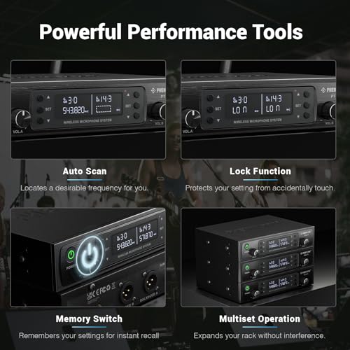 Phenyx Pro Dual UHF Wireless Microphone System，Auto-Scan Cordless Mic Set w/ 2x100 Frequencies, 2 Bodypacks & Headsets/Lapel Microphones for Speaking, Singing, Church, DJ (PTU-71-2B)