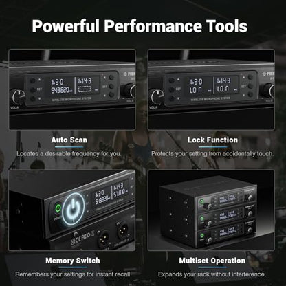 Phenyx Pro Dual UHF Wireless Microphone System，Auto-Scan Cordless Mic Set w/ 2x100 Frequencies, 2 Bodypacks & Headsets/Lapel Microphones for Speaking, Singing, Church, DJ (PTU-71-2B)