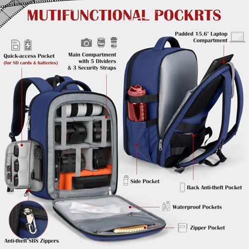 SDYSM Camera Backpack, Large Camera Bag for Photographers Professional DSLR/SLR Mirrorless Camera Case Compatible for Sony Canon Nikon, Blue - color: Blue