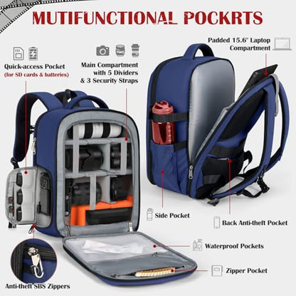 SDYSM Camera Backpack, Large Camera Bag for Photographers Professional DSLR/SLR Mirrorless Camera Case Compatible for Sony Canon Nikon, Blue - color: Blue
