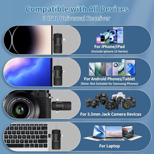 3 in 1 Wireless Lavalier Microphone for iPhone, Android, Camera, 12Hour Battery, Noise Reduction Recording Mic 2.4G Ultra-Low Delay, Mini Microphone for Vlog/TikTok/YouTube Live Stream(2 Mic)