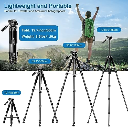 Tripod for Camera and Phone, 72" Tall Camera Tripod Monopod with Remote, Professional Heavy Duty Compact Camera Stand for iPhone, DSLR, Spotting Scope, Telescope, Binocular - color: Black