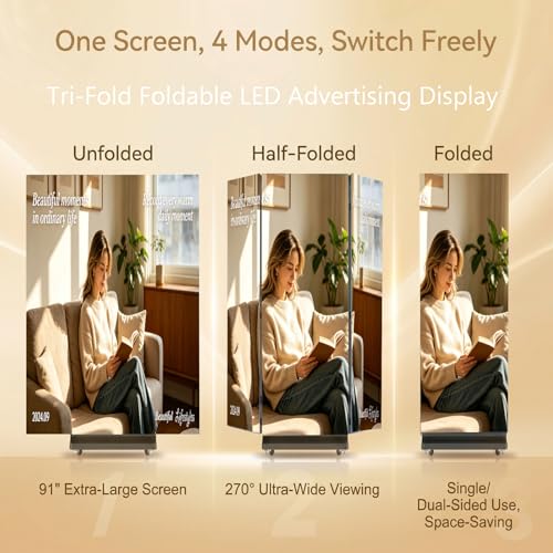 91" LED Digital Signage Display with Flight Case, Triple Foldable Spliceable LED Poster Screen,GOB Commercial Kiosk, Smartphone One-Cick Control, for Events, Rentals - size: Large fold & Flight Case
